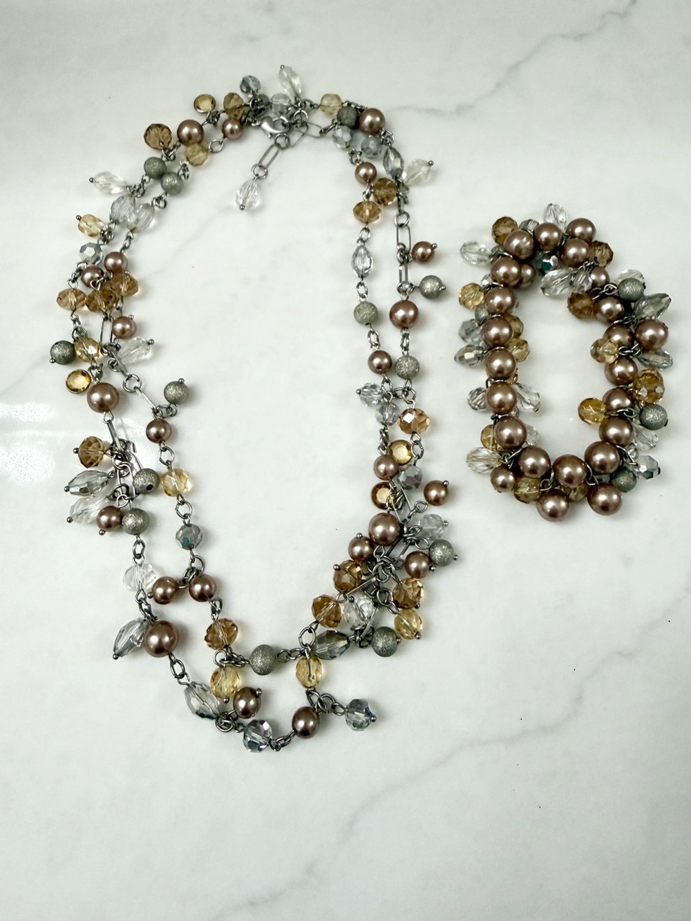 WHBM Pearl and Crystal Cluster Necklace & Bracelet Set in Taupe and Champagne